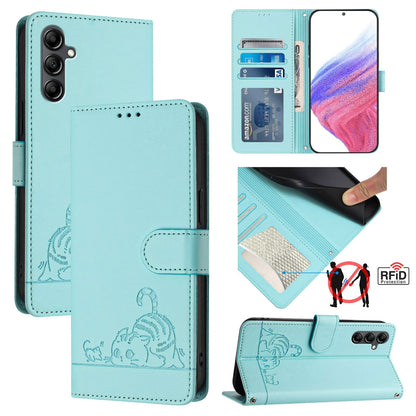 Samsung Galaxy A15 4G Cat and Mouse Embossed PU Leather RFID Case with Wallet Slots, Anti-Fall Protection, Kickstand, and Lanyard-buycases.co.uk