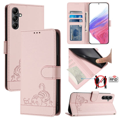 Samsung Galaxy A15 4G Cat and Mouse Embossed PU Leather RFID Case with Wallet Slots, Anti-Fall Protection, Kickstand, and Lanyard-buycases.co.uk