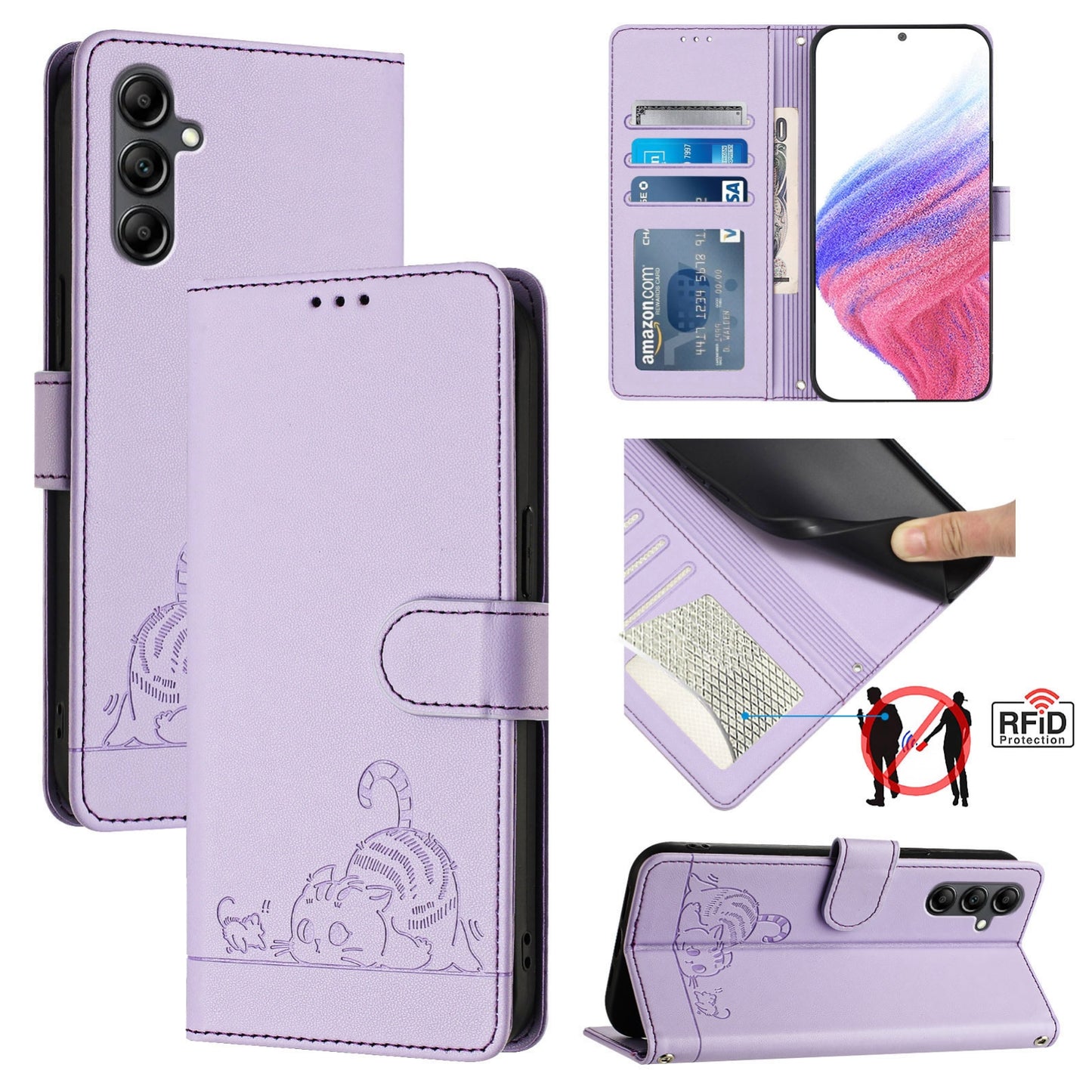 Samsung Galaxy A15 5G Cat and Mouse Embossed PU Leather RFID Case with Wallet Slots, Anti-Fall Protection, Kickstand, and Lanyard-buycases.co.uk