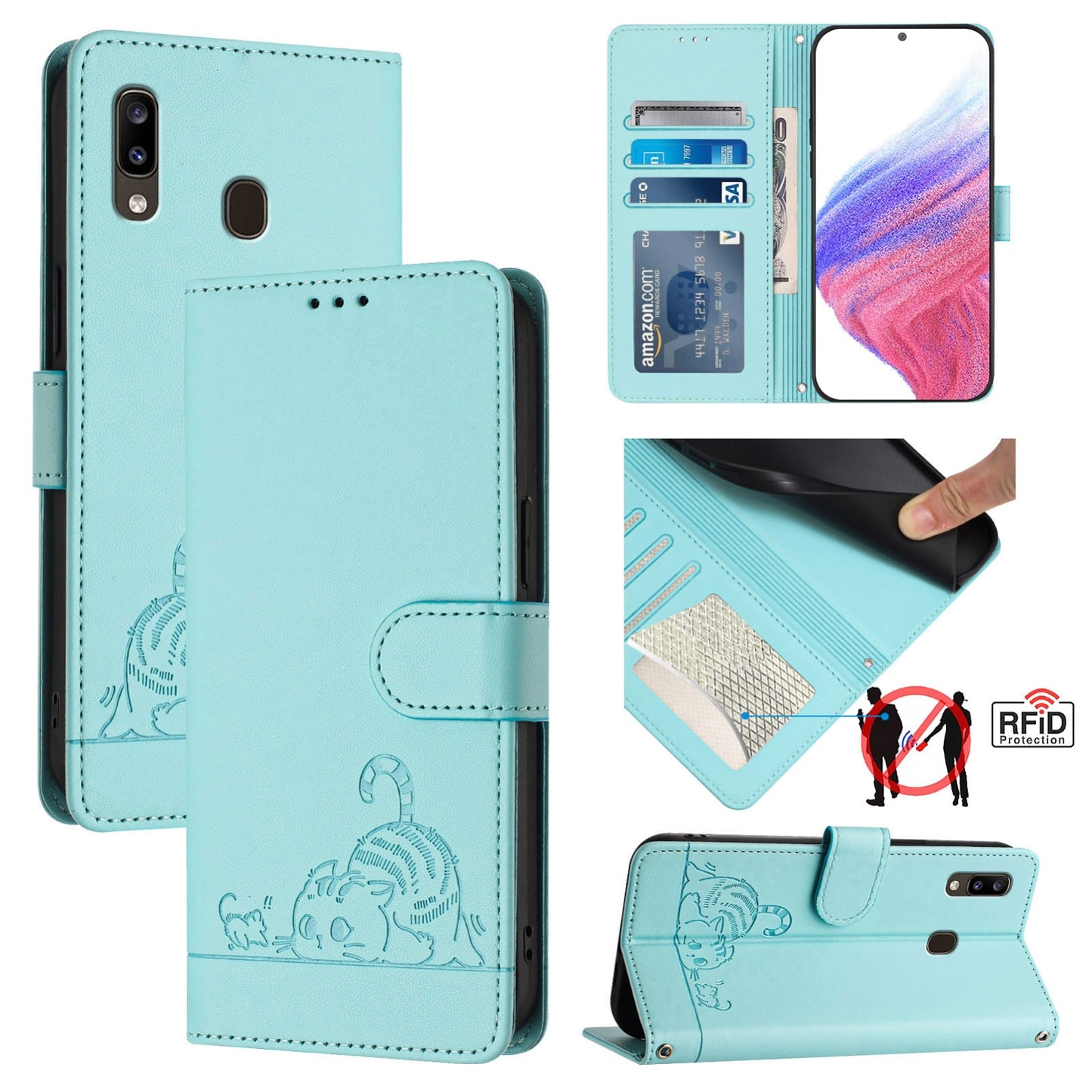 Samsung Galaxy A20 Cat and Mouse Embossed PU Leather RFID Case with Wallet Slots, Anti-Fall Protection, Kickstand, and Lanyard-buycases.co.uk