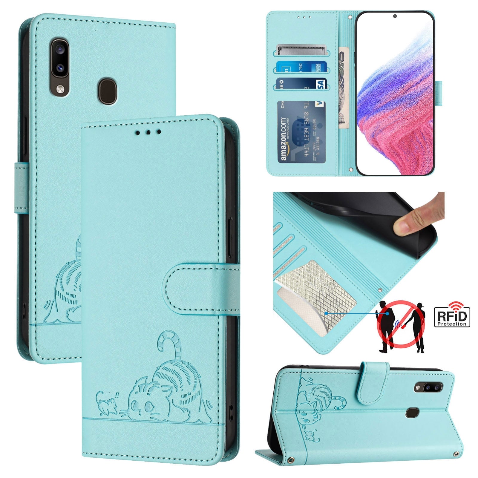 Samsung Galaxy A30 Cat and Mouse Embossed PU Leather RFID Case with Wallet Slots, Anti-Fall Protection, Kickstand, and Lanyard-buycases.co.uk