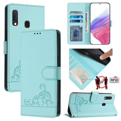 Samsung Galaxy A20e Cat and Mouse Embossed PU Leather RFID Case with Wallet Slots, Anti-Fall Protection, Kickstand, and Lanyard-buycases.co.uk