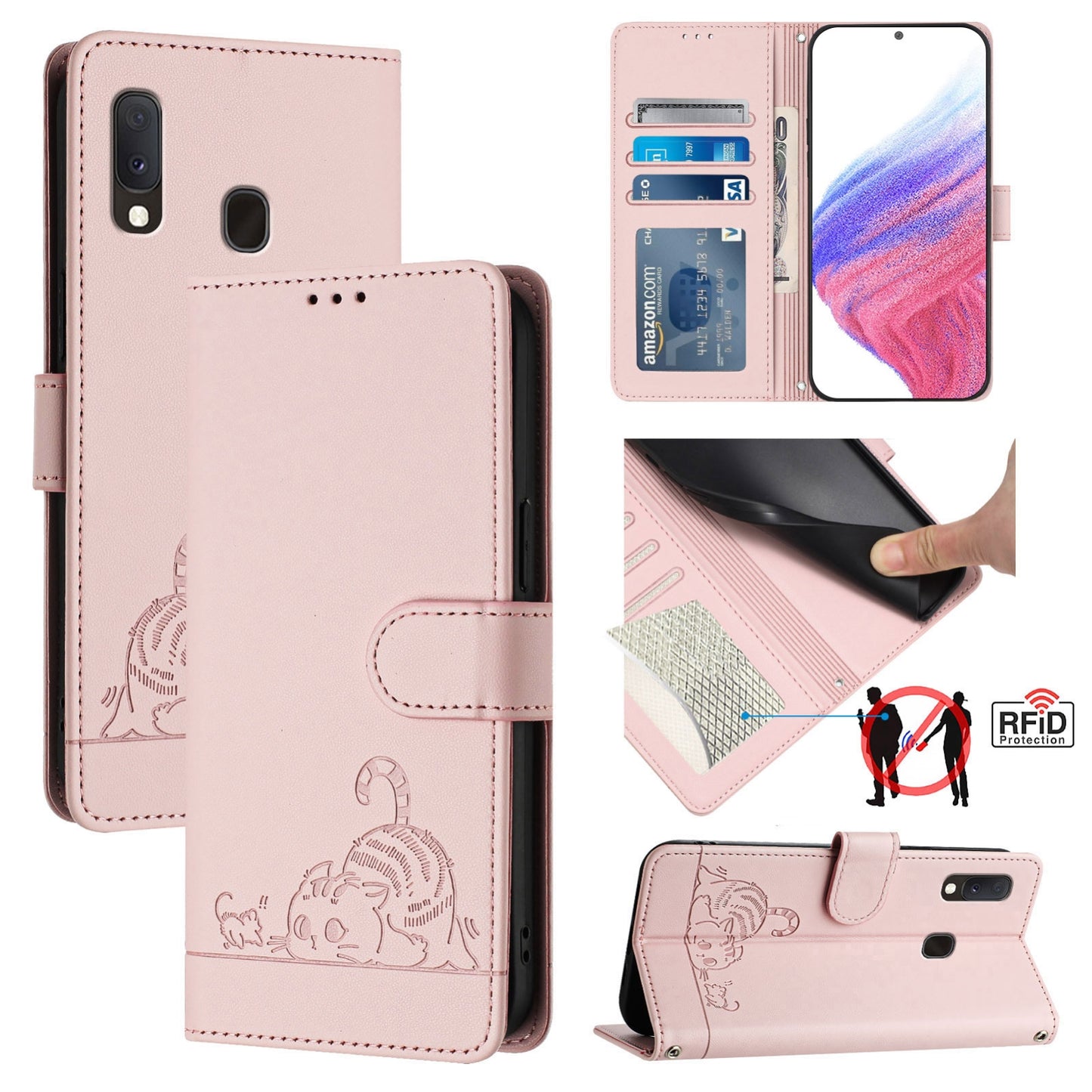 Samsung Galaxy A10e Cat and Mouse Embossed PU Leather RFID Case with Wallet Slots, Anti-Fall Protection, Kickstand, and Lanyard-buycases.co.uk