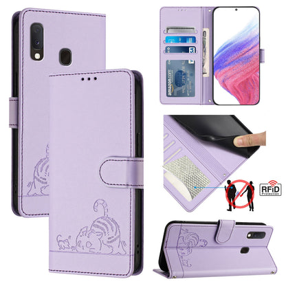 Samsung Galaxy A20e Cat and Mouse Embossed PU Leather RFID Case with Wallet Slots, Anti-Fall Protection, Kickstand, and Lanyard-buycases.co.uk