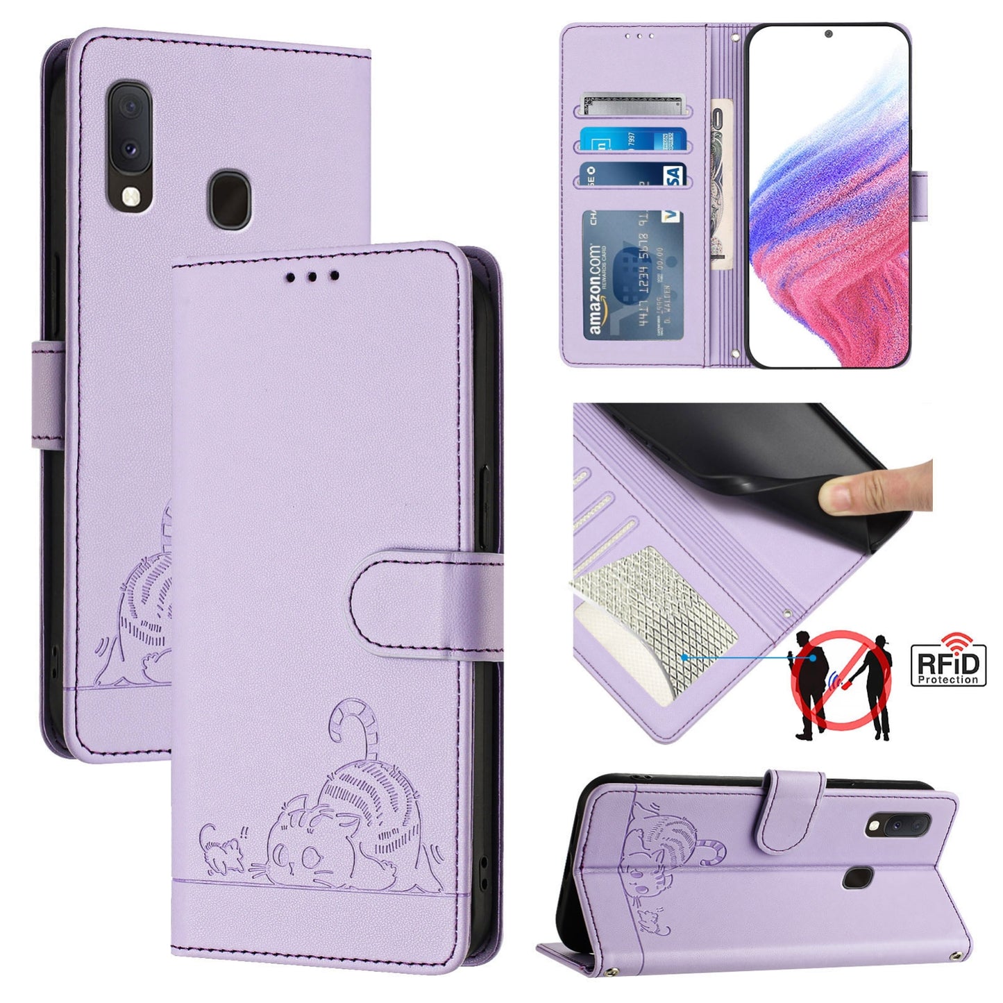 Samsung Galaxy A10e Cat and Mouse Embossed PU Leather RFID Case with Wallet Slots, Anti-Fall Protection, Kickstand, and Lanyard-buycases.co.uk