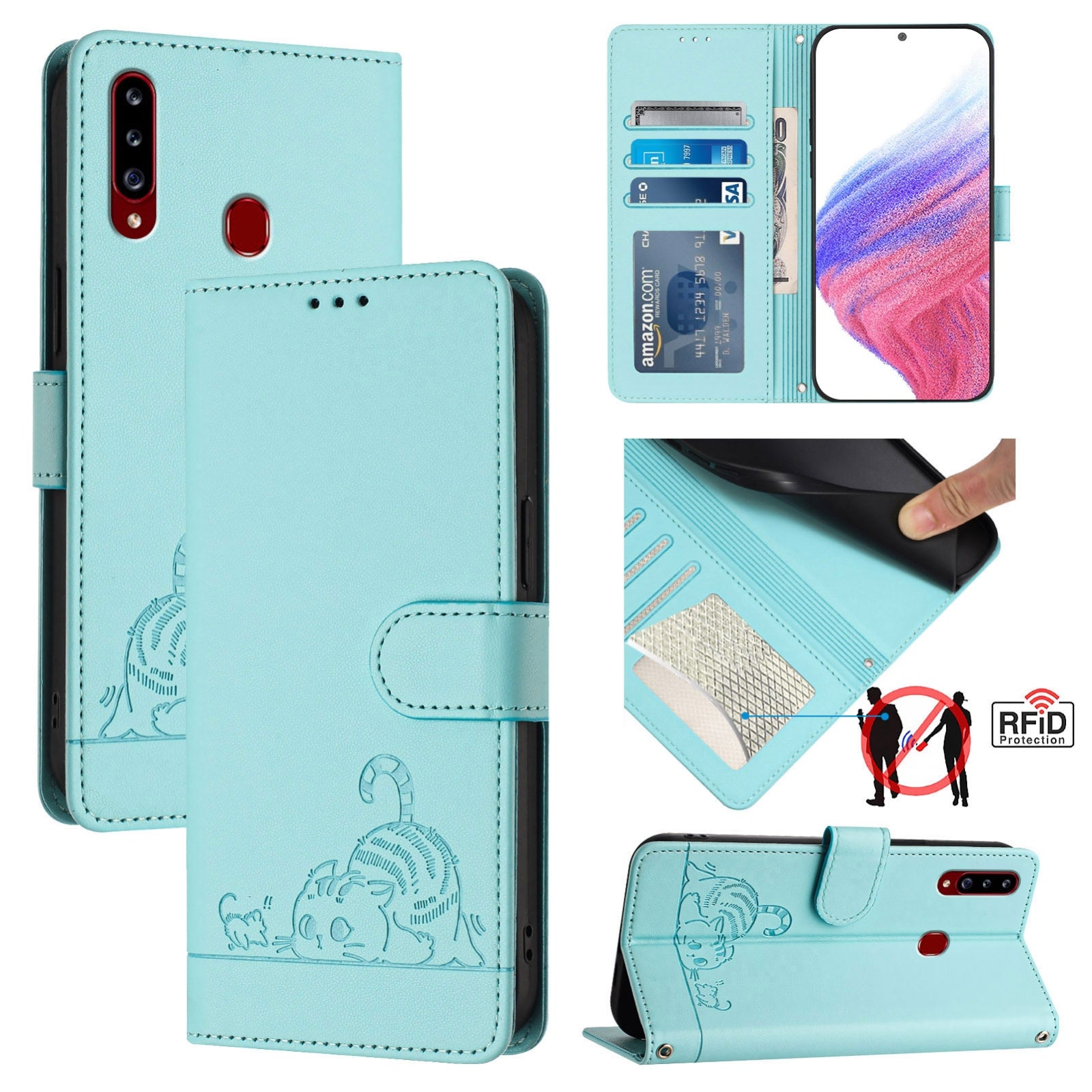 Samsung Galaxy A20s Cat and Mouse Embossed PU Leather RFID Case with Wallet Slots, Anti-Fall Protection, Kickstand, and Lanyard-buycases.co.uk