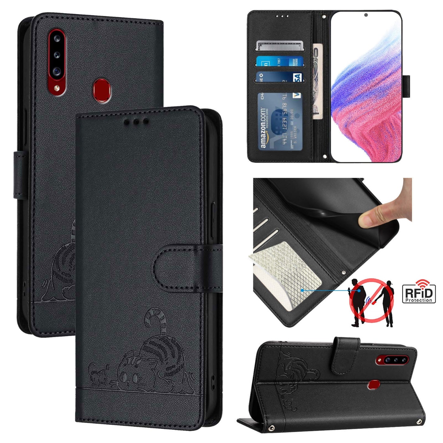 Samsung Galaxy A20s Cat and Mouse Embossed PU Leather RFID Case with Wallet Slots, Anti-Fall Protection, Kickstand, and Lanyard-buycases.co.uk