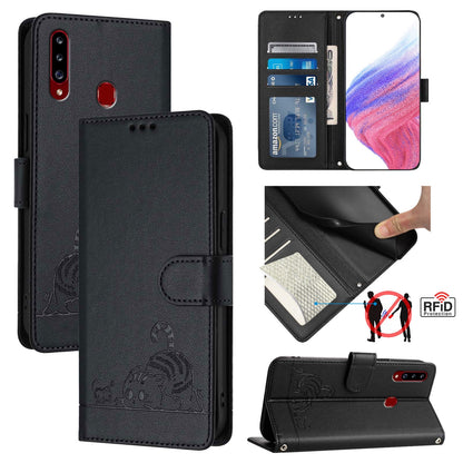 Samsung Galaxy A20s Cat and Mouse Embossed PU Leather RFID Case with Wallet Slots, Anti-Fall Protection, Kickstand, and Lanyard-buycases.co.uk