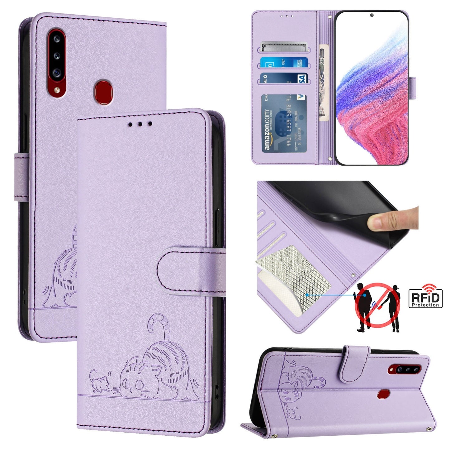 Samsung Galaxy A20s Cat and Mouse Embossed PU Leather RFID Case with Wallet Slots, Anti-Fall Protection, Kickstand, and Lanyard-buycases.co.uk
