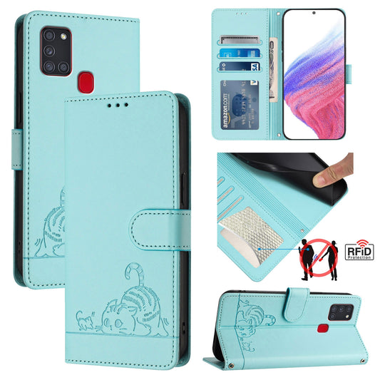 Samsung Galaxy A21s Cat and Mouse Embossed PU Leather RFID Case with Wallet Slots, Anti-Fall Protection, Kickstand, and Lanyard-buycases.co.uk