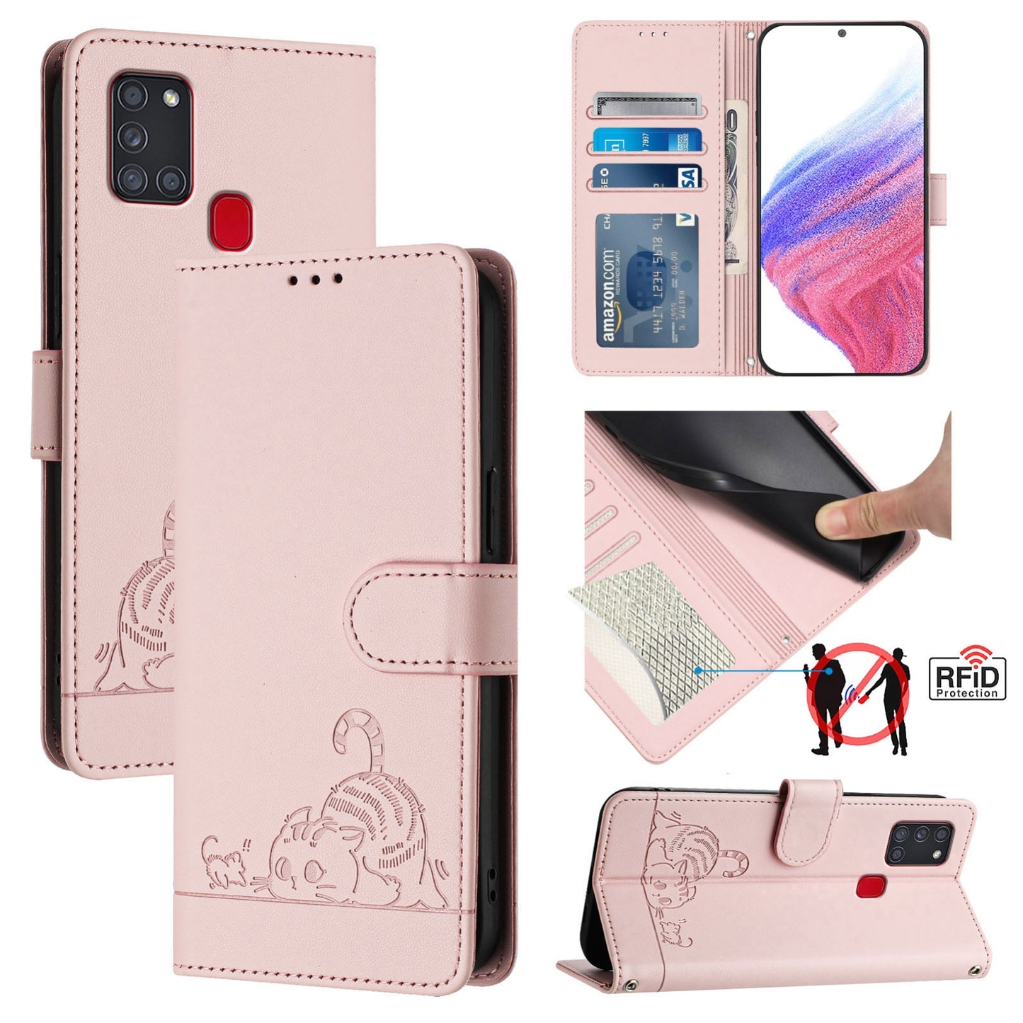 Samsung Galaxy A21s Cat and Mouse Embossed PU Leather RFID Case with Wallet Slots, Anti-Fall Protection, Kickstand, and Lanyard-buycases.co.uk