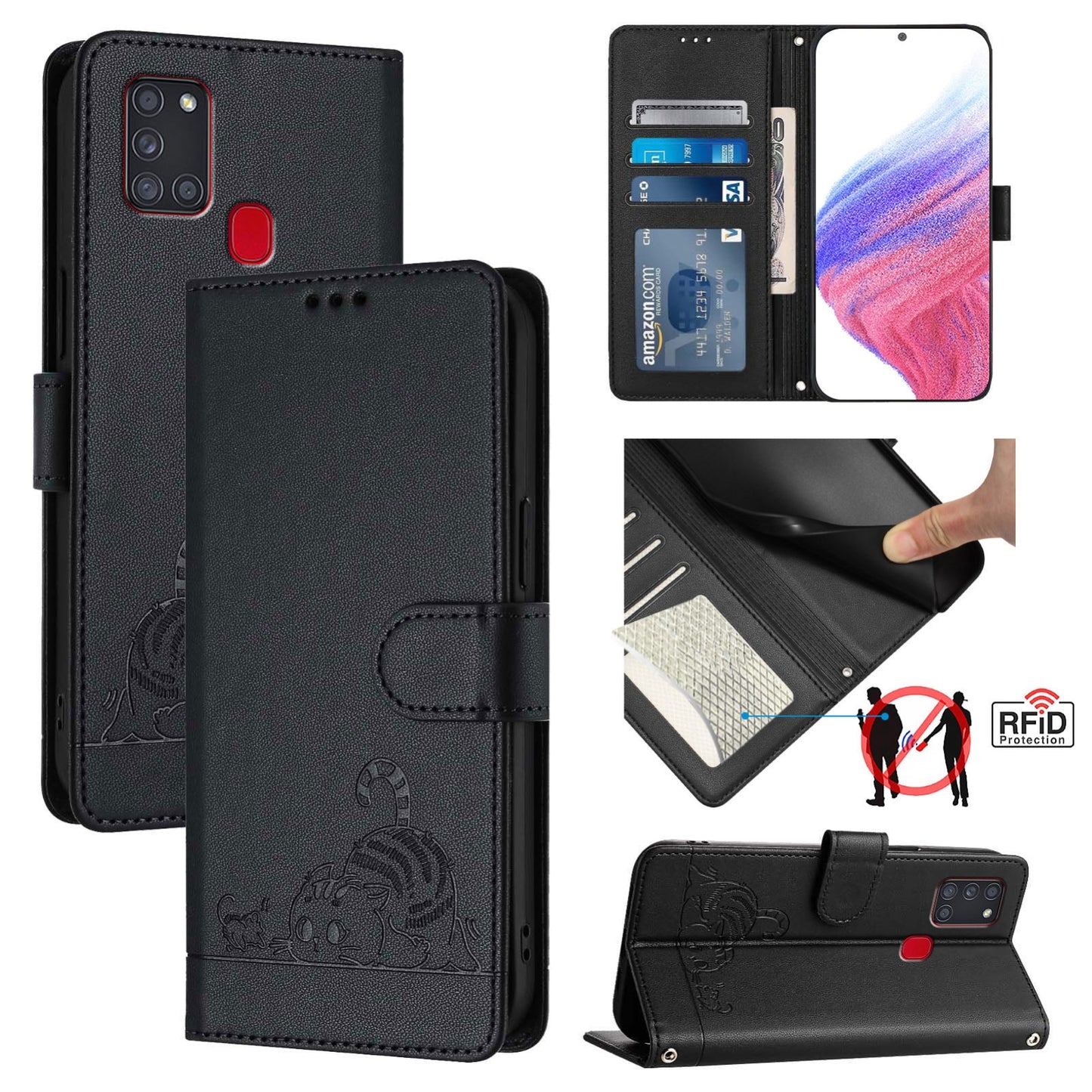 Samsung Galaxy A21s Cat and Mouse Embossed PU Leather RFID Case with Wallet Slots, Anti-Fall Protection, Kickstand, and Lanyard-buycases.co.uk