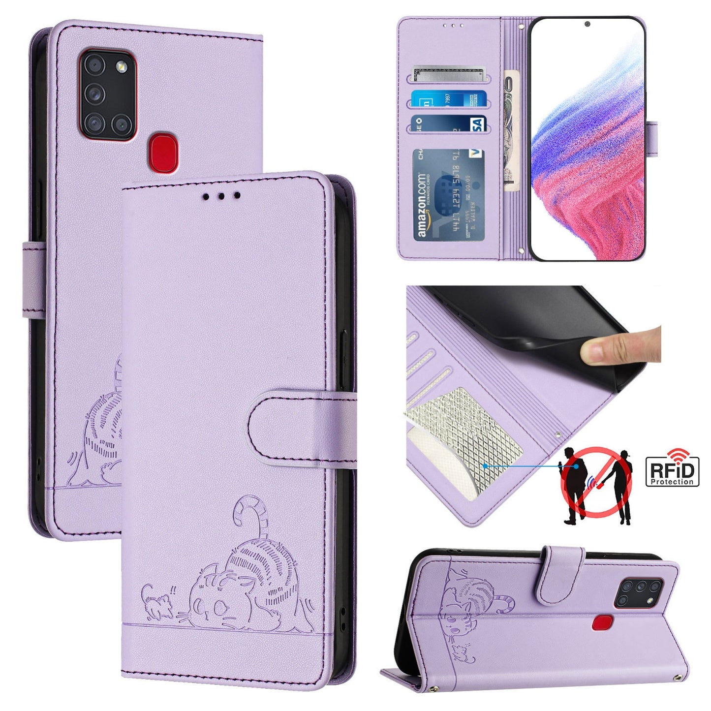 Samsung Galaxy A21s Cat and Mouse Embossed PU Leather RFID Case with Wallet Slots, Anti-Fall Protection, Kickstand, and Lanyard-buycases.co.uk