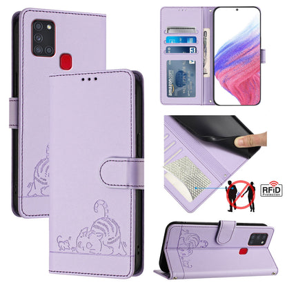 Samsung Galaxy A21s Cat and Mouse Embossed PU Leather RFID Case with Wallet Slots, Anti-Fall Protection, Kickstand, and Lanyard-buycases.co.uk