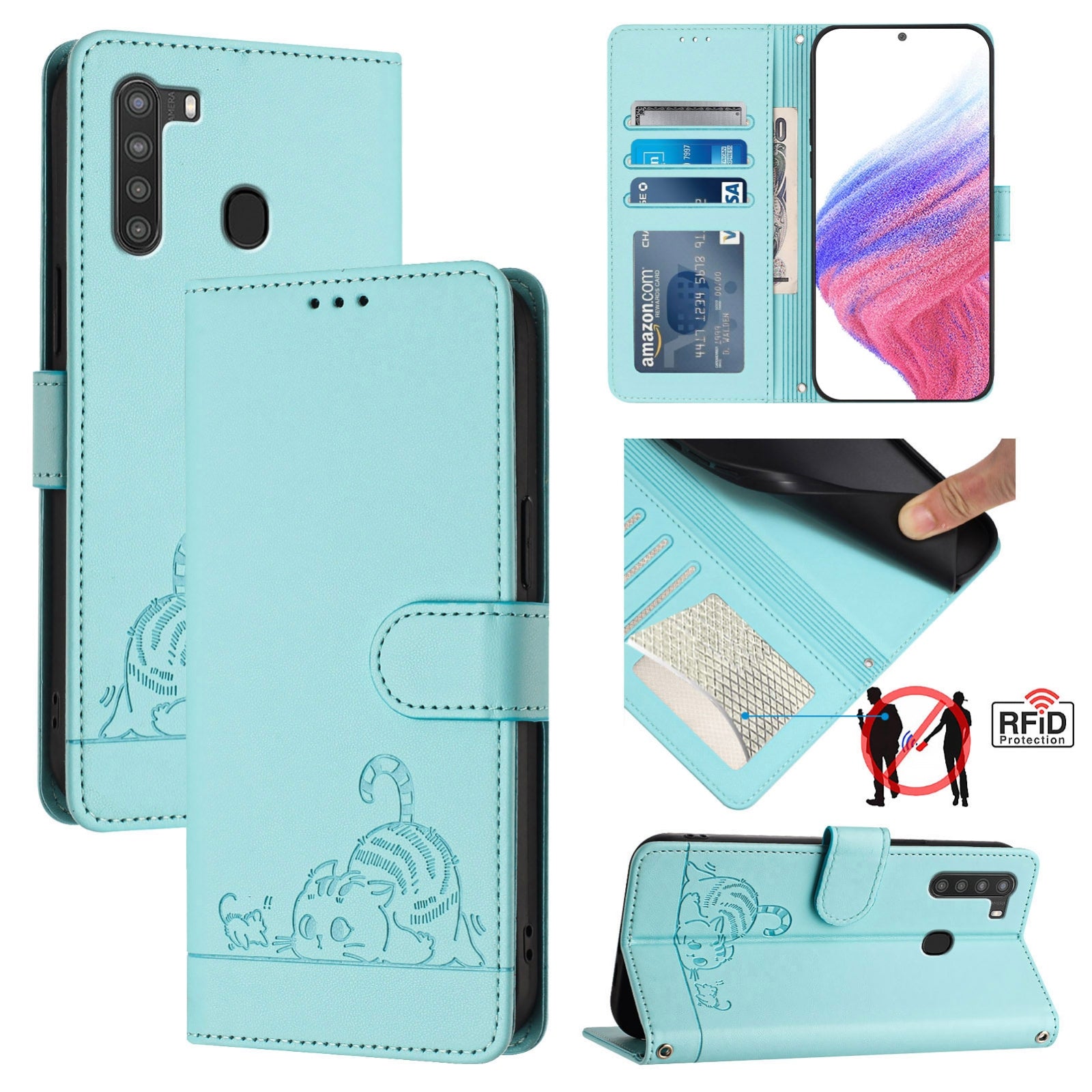 Samsung Galaxy A21 EU Version Cat and Mouse Embossed PU Leather RFID Case with Wallet Slots, Anti-Fall Protection, Kickstand, and Lanyard-buycases.co.uk