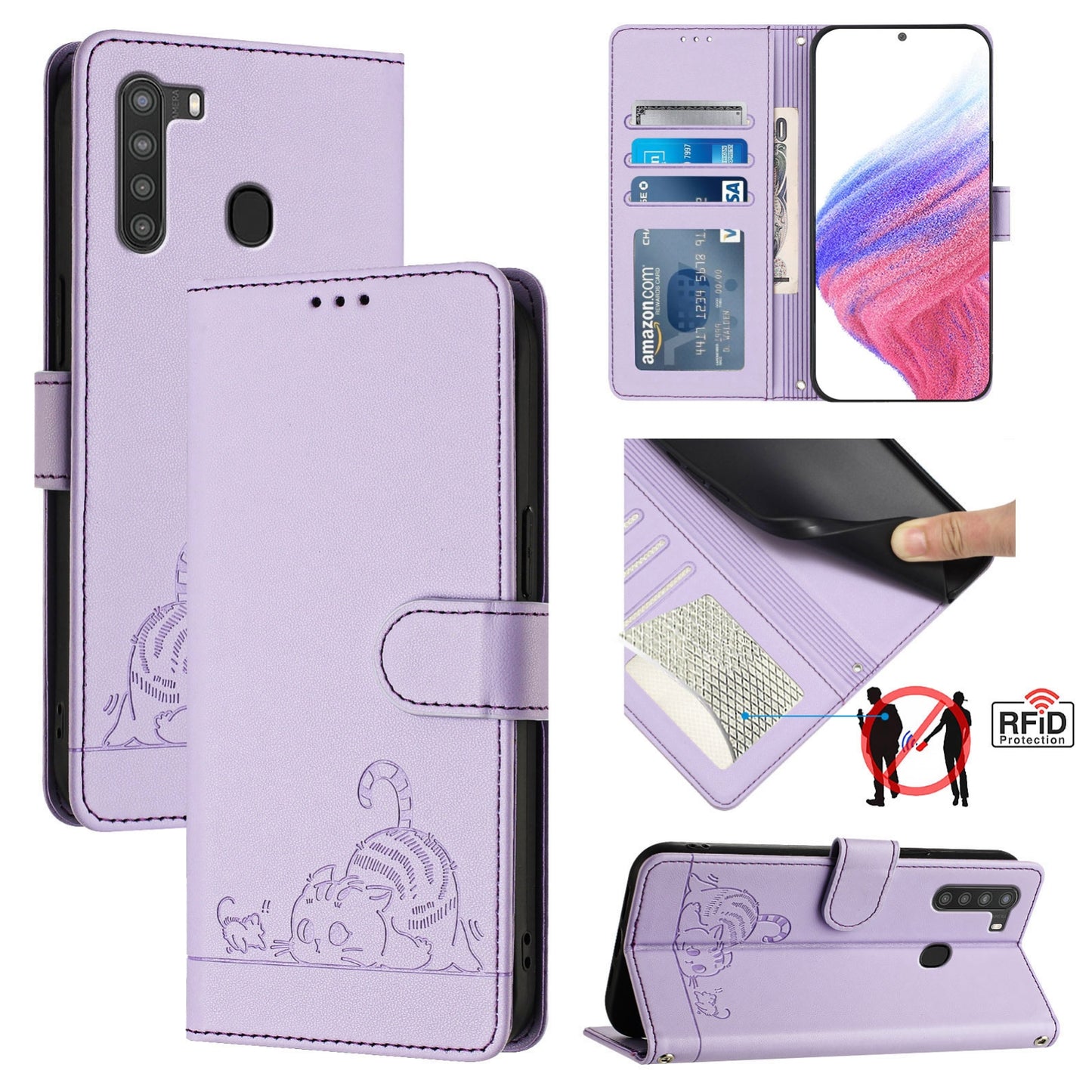 Samsung Galaxy A21 EU Version Cat and Mouse Embossed PU Leather RFID Case with Wallet Slots, Anti-Fall Protection, Kickstand, and Lanyard-buycases.co.uk