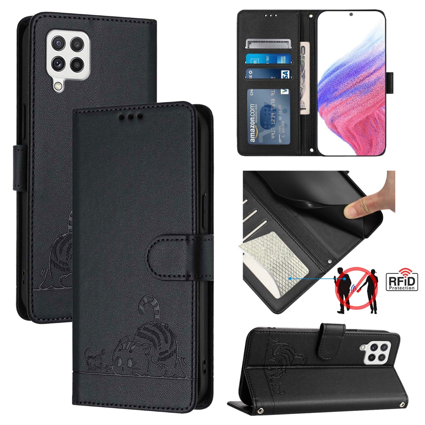Samsung Galaxy A22 4G Cat and Mouse Embossed PU Leather RFID Case with Wallet Slots, Anti-Fall Protection, Kickstand, and Lanyard-buycases.co.uk