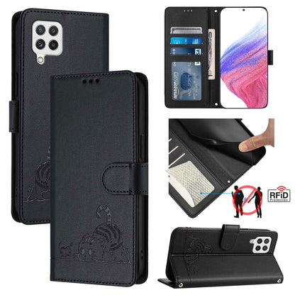 Samsung Galaxy A22 4G Cat and Mouse Embossed PU Leather RFID Case with Wallet Slots, Anti-Fall Protection, Kickstand, and Lanyard-buycases.co.uk