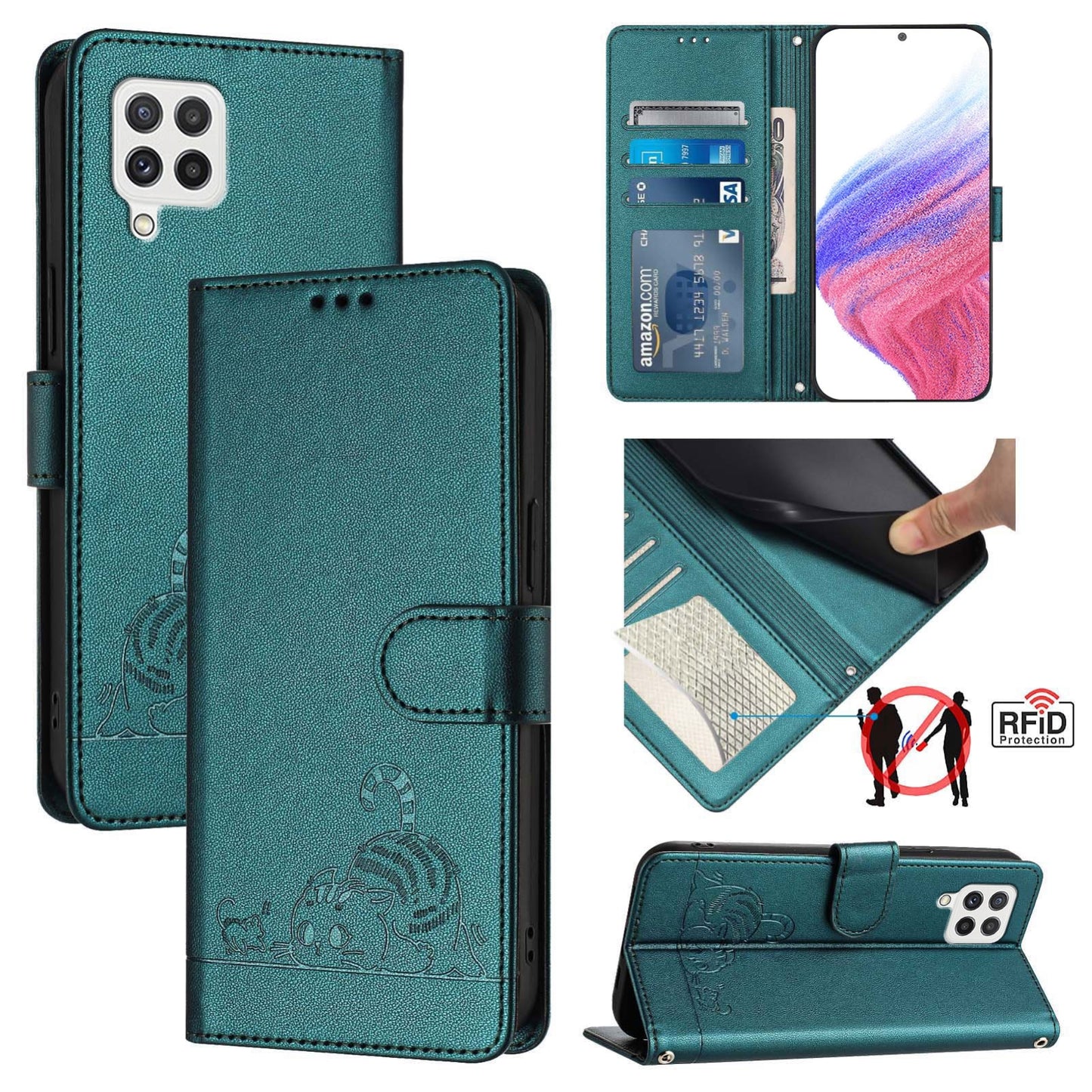Samsung Galaxy A22 4G Cat and Mouse Embossed PU Leather RFID Case with Wallet Slots, Anti-Fall Protection, Kickstand, and Lanyard-buycases.co.uk