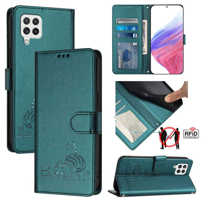 Samsung Galaxy A22 4G Cat and Mouse Embossed PU Leather RFID Case with Wallet Slots, Anti-Fall Protection, Kickstand, and Lanyard-buycases.co.uk