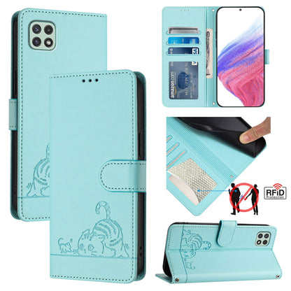 Samsung Galaxy F42 5G Cat and Mouse Embossed PU Leather RFID Case with Wallet Slots, Anti-Fall Protection, Kickstand, and Lanyard-buycases.co.uk