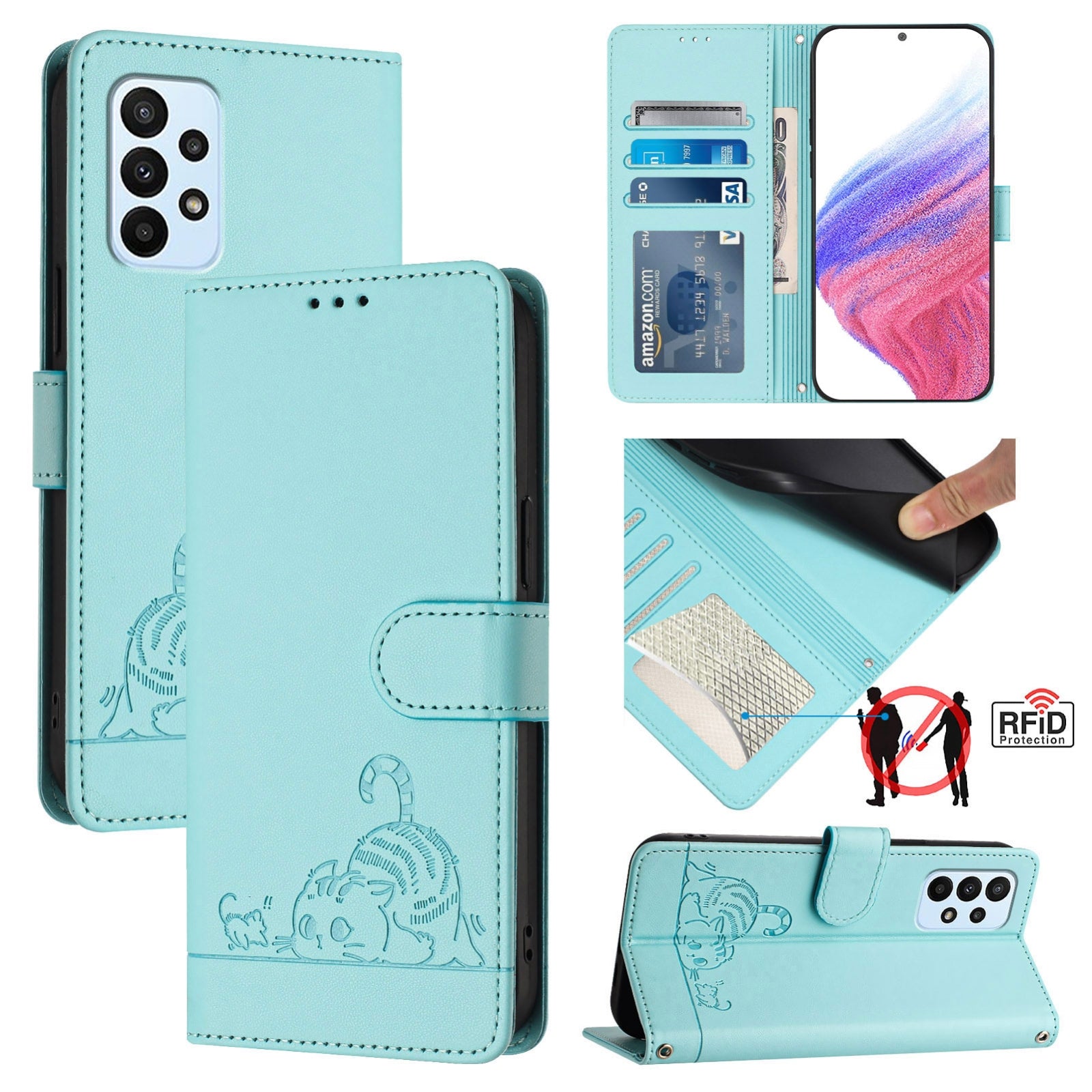 Samsung Galaxy A23 5G Cat and Mouse Embossed PU Leather RFID Case with Wallet Slots, Anti-Fall Protection, Kickstand, and Lanyard-buycases.co.uk