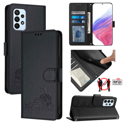 Samsung Galaxy M23 5G Cat and Mouse Embossed PU Leather RFID Case with Wallet Slots, Anti-Fall Protection, Kickstand, and Lanyard-buycases.co.uk