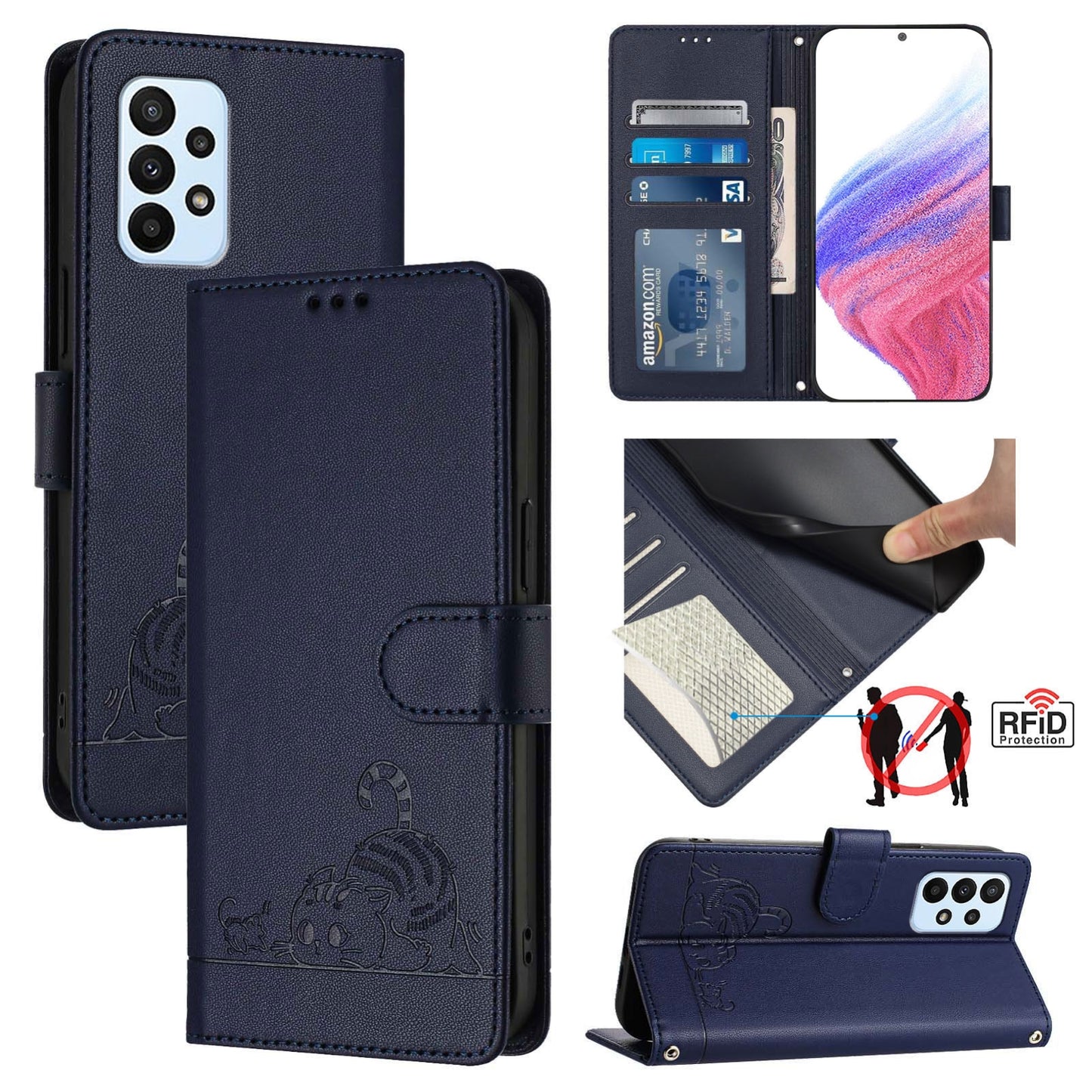 Samsung Galaxy M23 5G Cat and Mouse Embossed PU Leather RFID Case with Wallet Slots, Anti-Fall Protection, Kickstand, and Lanyard-buycases.co.uk