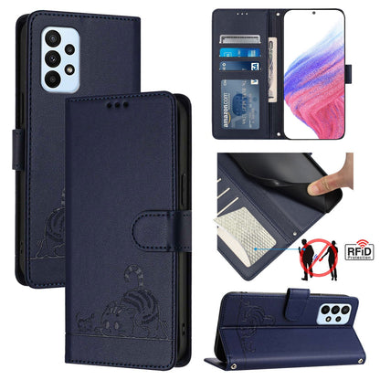 Samsung Galaxy M13 4G Cat and Mouse Embossed PU Leather RFID Case with Wallet Slots, Anti-Fall Protection, Kickstand, and Lanyard-buycases.co.uk