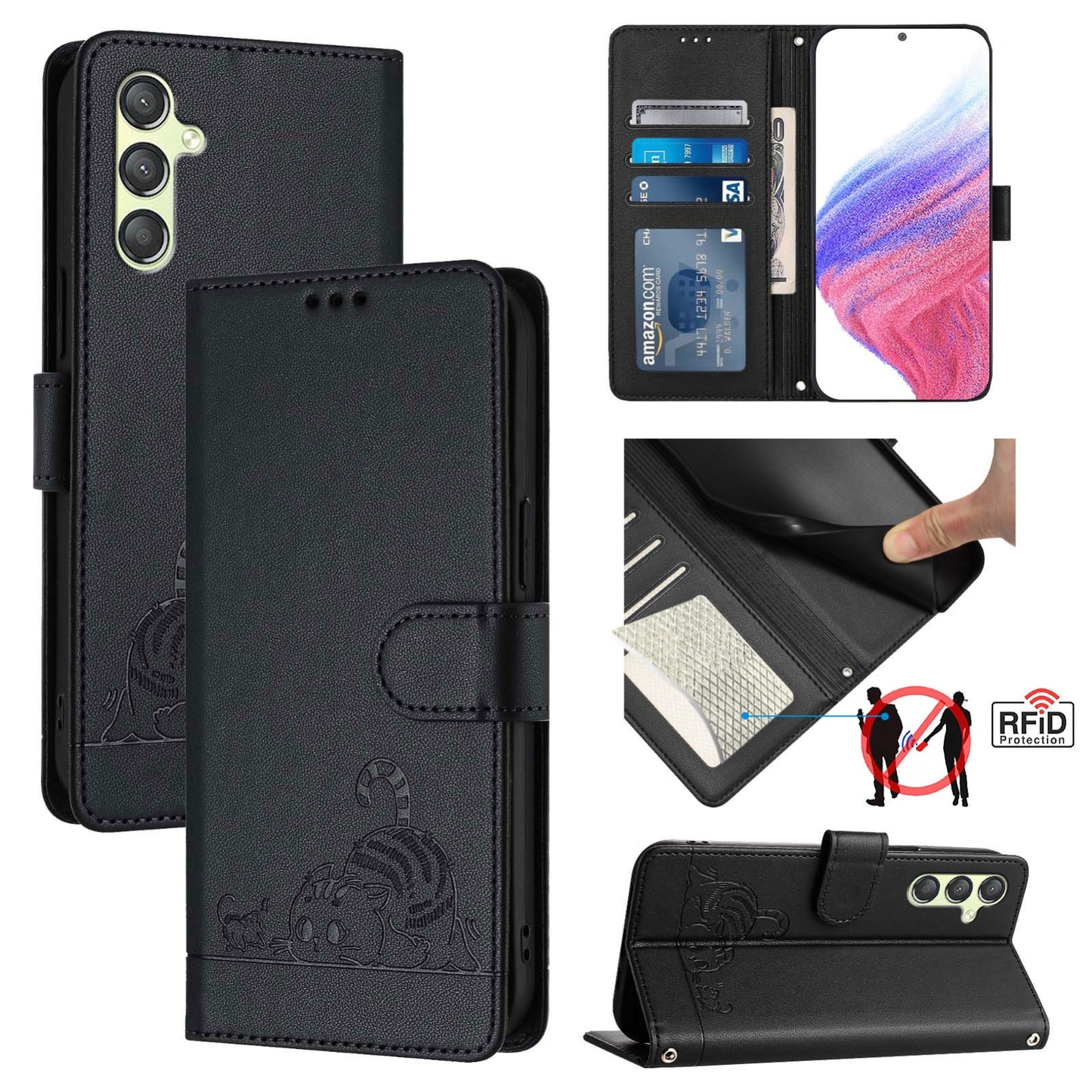 Samsung Galaxy A24 4G Cat and Mouse Embossed PU Leather RFID Case with Wallet Slots, Anti-Fall Protection, Kickstand, and Lanyard-buycases.co.uk