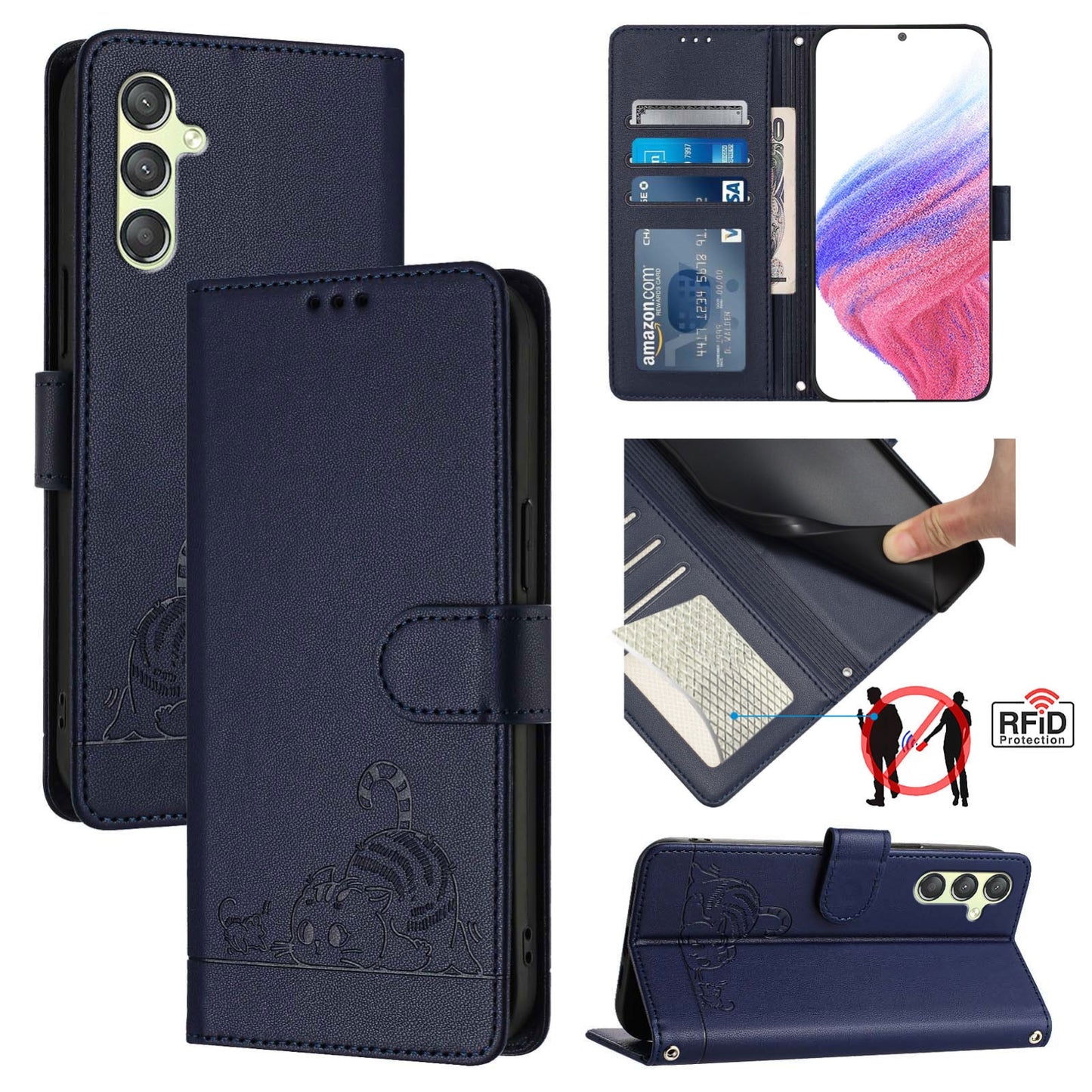 Samsung Galaxy A24 4G Cat and Mouse Embossed PU Leather RFID Case with Wallet Slots, Anti-Fall Protection, Kickstand, and Lanyard-buycases.co.uk
