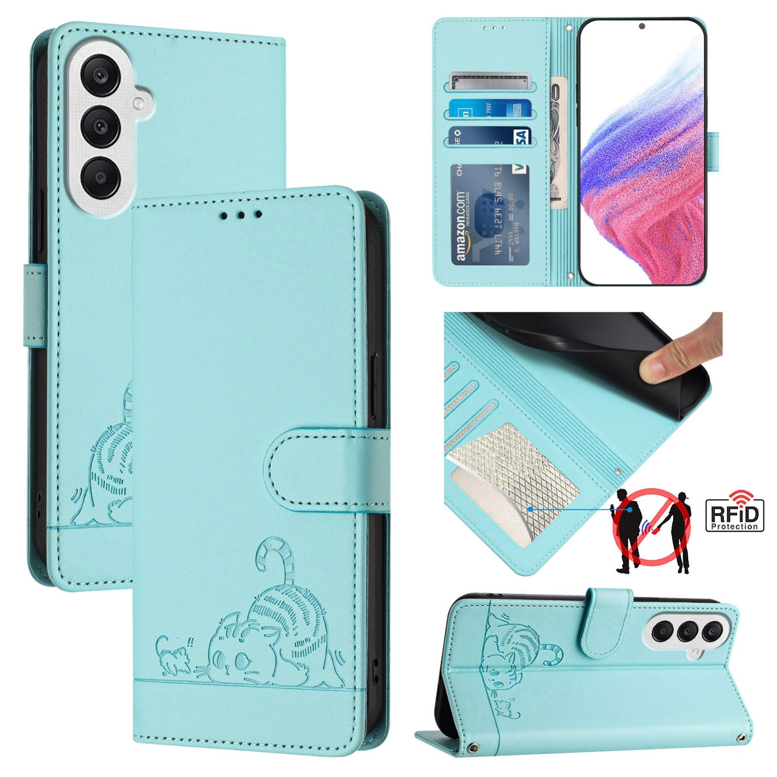 Samsung Galaxy A25 5G Global Cat and Mouse Embossed PU Leather RFID Case with Wallet Slots, Anti-Fall Protection, Kickstand, and Lanyard-buycases.co.uk