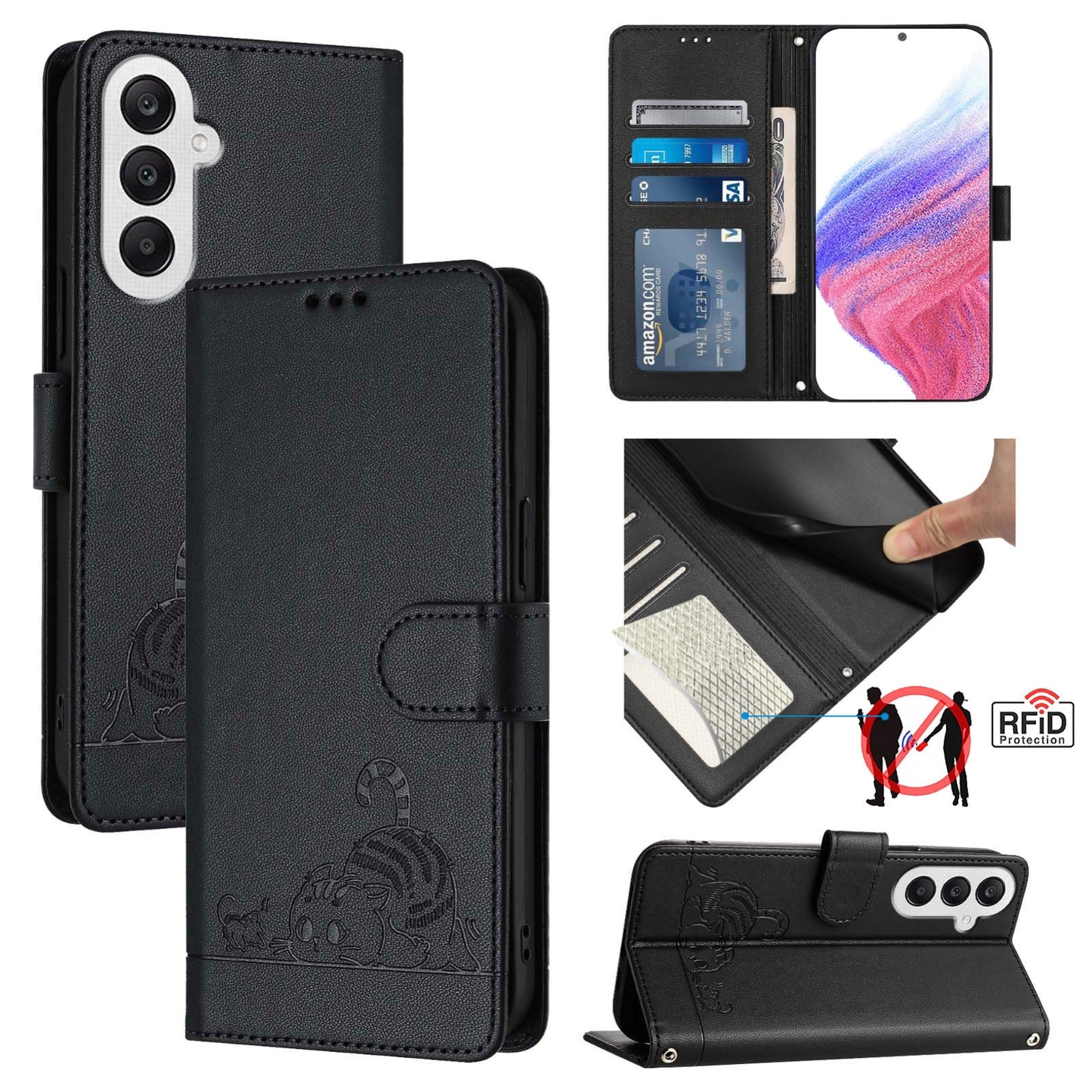 Samsung Galaxy A25 5G Global Cat and Mouse Embossed PU Leather RFID Case with Wallet Slots, Anti-Fall Protection, Kickstand, and Lanyard-buycases.co.uk
