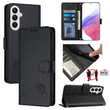 Samsung Galaxy A25 5G Global Cat and Mouse Embossed PU Leather RFID Case with Wallet Slots, Anti-Fall Protection, Kickstand, and Lanyard-buycases.co.uk