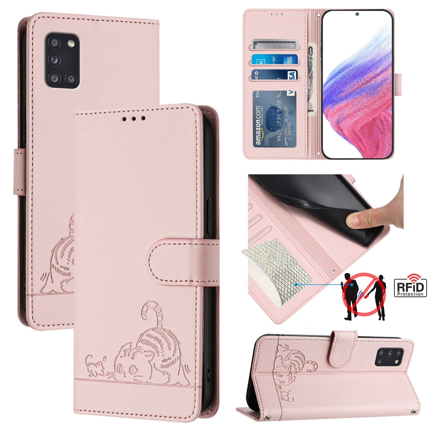 Samsung Galaxy A31 EU Version Cat and Mouse Embossed PU Leather RFID Case with Wallet Slots, Anti-Fall Protection, Kickstand, and Lanyard-buycases.co.uk