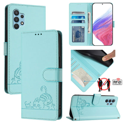 Samsung Galaxy A32 4G Cat and Mouse Embossed PU Leather RFID Case with Wallet Slots, Anti-Fall Protection, Kickstand, and Lanyard-buycases.co.uk