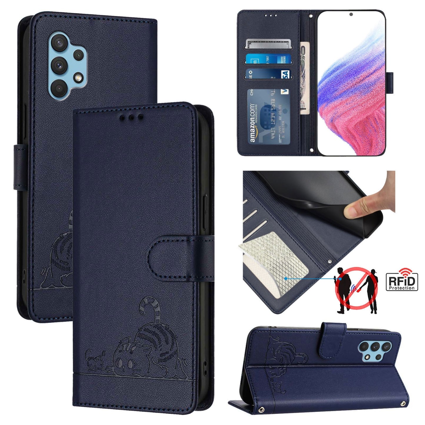 Samsung Galaxy A32 4G Cat and Mouse Embossed PU Leather RFID Case with Wallet Slots, Anti-Fall Protection, Kickstand, and Lanyard-buycases.co.uk