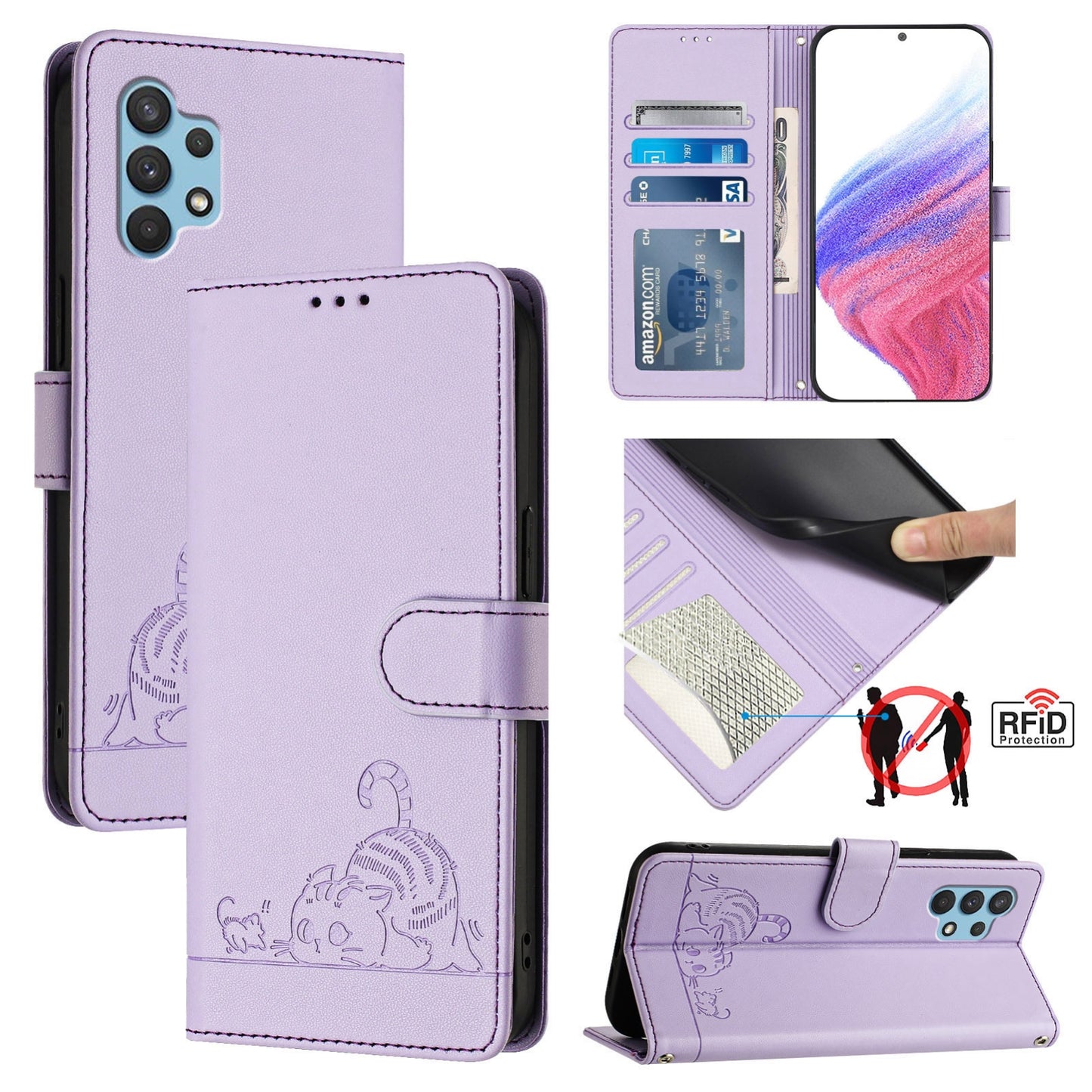 Samsung Galaxy A32 4G Cat and Mouse Embossed PU Leather RFID Case with Wallet Slots, Anti-Fall Protection, Kickstand, and Lanyard-buycases.co.uk