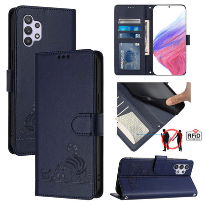 Samsung Galaxy A32 5G Cat and Mouse Embossed PU Leather RFID Case with Wallet Slots, Anti-Fall Protection, Kickstand, and Lanyard-buycases.co.uk