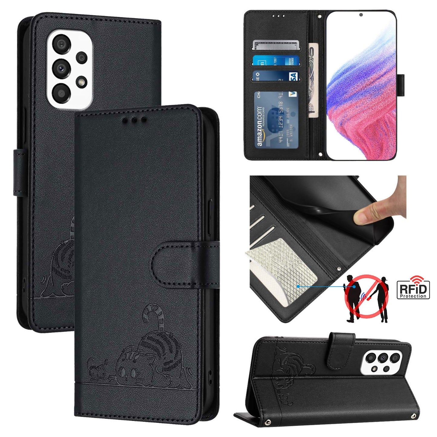 Samsung Galaxy A33 5G Cat and Mouse Embossed PU Leather RFID Case with Wallet Slots, Anti-Fall Protection, Kickstand, and Lanyard-buycases.co.uk