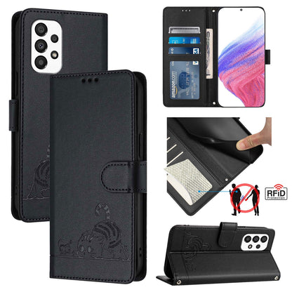 Samsung Galaxy A33 5G Cat and Mouse Embossed PU Leather RFID Case with Wallet Slots, Anti-Fall Protection, Kickstand, and Lanyard-buycases.co.uk