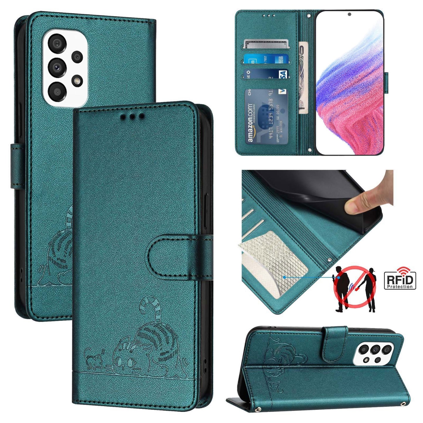 Samsung Galaxy A33 5G Cat and Mouse Embossed PU Leather RFID Case with Wallet Slots, Anti-Fall Protection, Kickstand, and Lanyard-buycases.co.uk