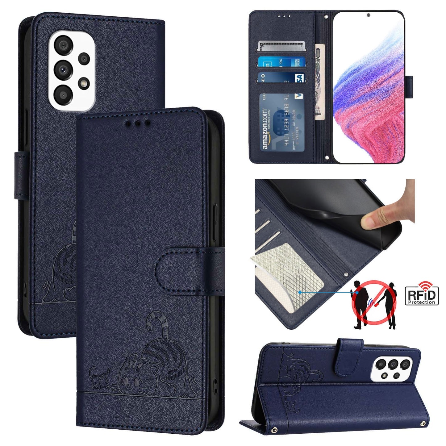 Samsung Galaxy A33 5G Cat and Mouse Embossed PU Leather RFID Case with Wallet Slots, Anti-Fall Protection, Kickstand, and Lanyard-buycases.co.uk