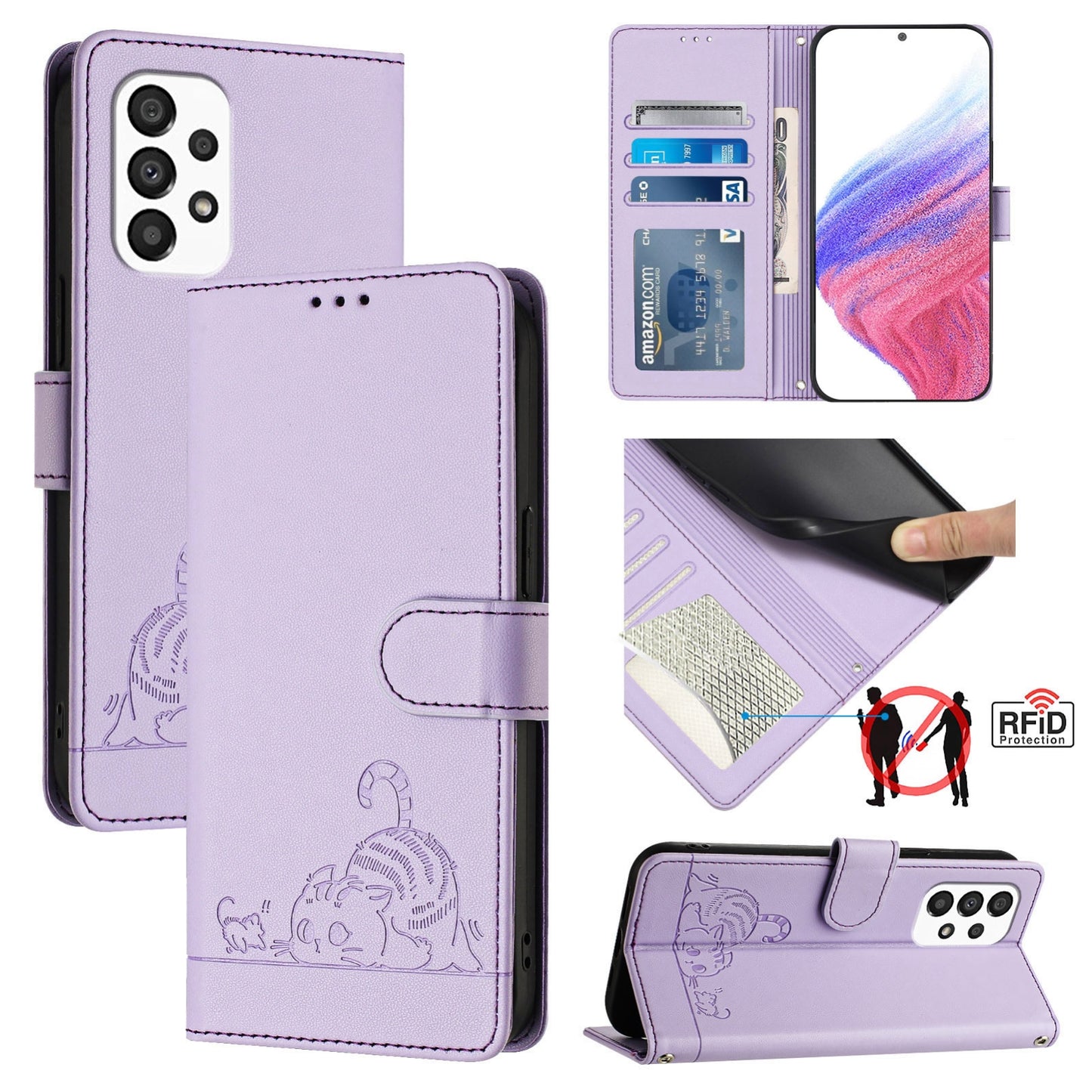 Samsung Galaxy A33 5G Cat and Mouse Embossed PU Leather RFID Case with Wallet Slots, Anti-Fall Protection, Kickstand, and Lanyard-buycases.co.uk