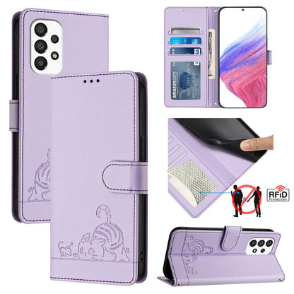 Samsung Galaxy A33 5G Cat and Mouse Embossed PU Leather RFID Case with Wallet Slots, Anti-Fall Protection, Kickstand, and Lanyard-buycases.co.uk