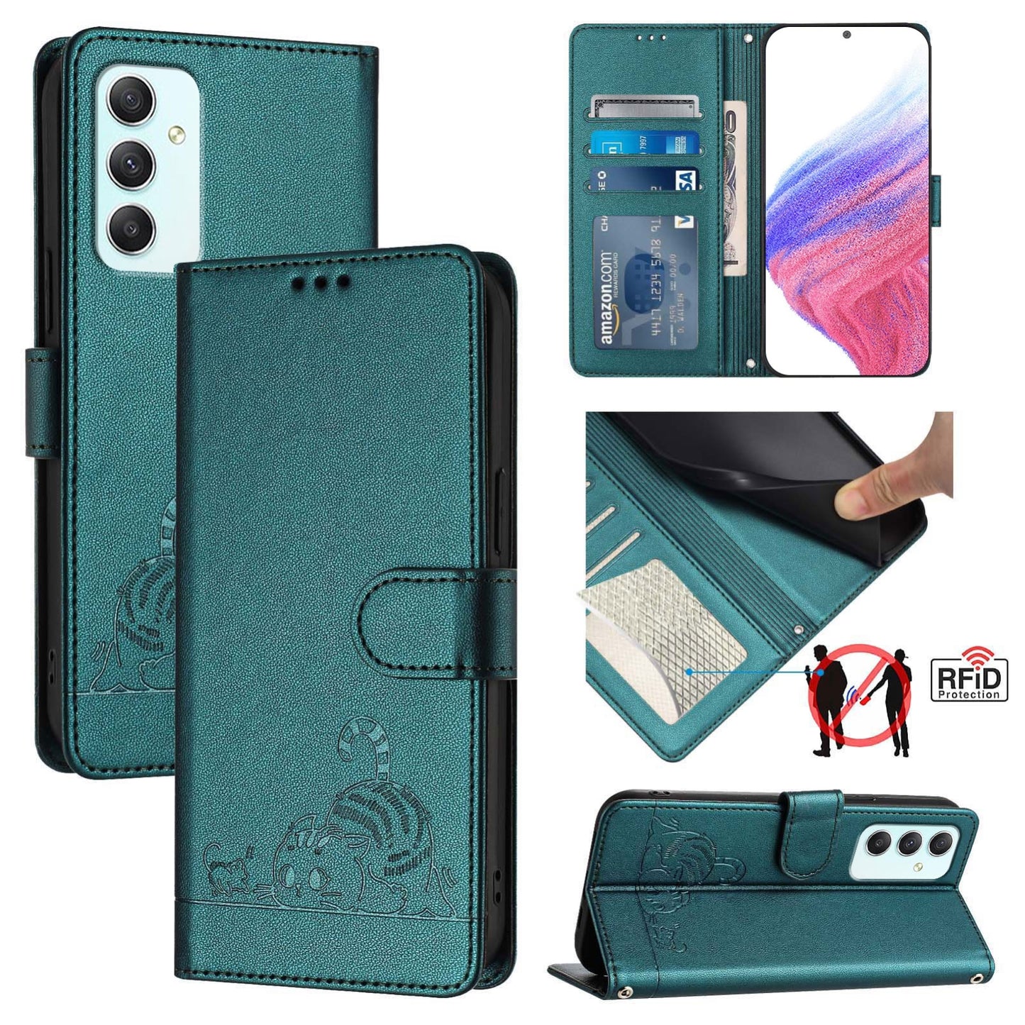 Samsung Galaxy A35 5G Cat and Mouse Embossed PU Leather RFID Case with Wallet Slots, Anti-Fall Protection, Kickstand, and Lanyard-buycases.co.uk