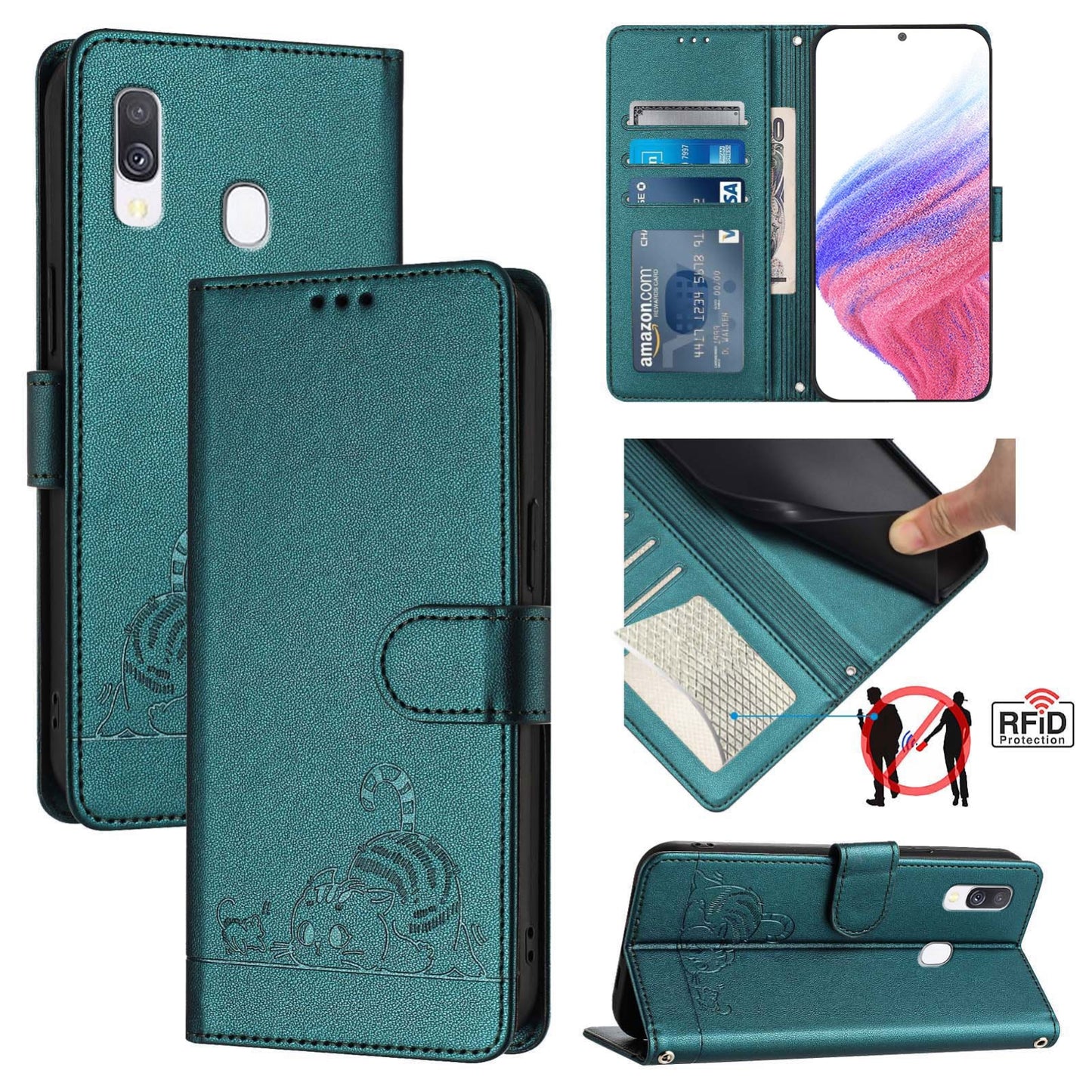 Samsung Galaxy A40 Cat and Mouse Embossed PU Leather RFID Case with Wallet Slots, Anti-Fall Protection, Kickstand, and Lanyard-buycases.co.uk
