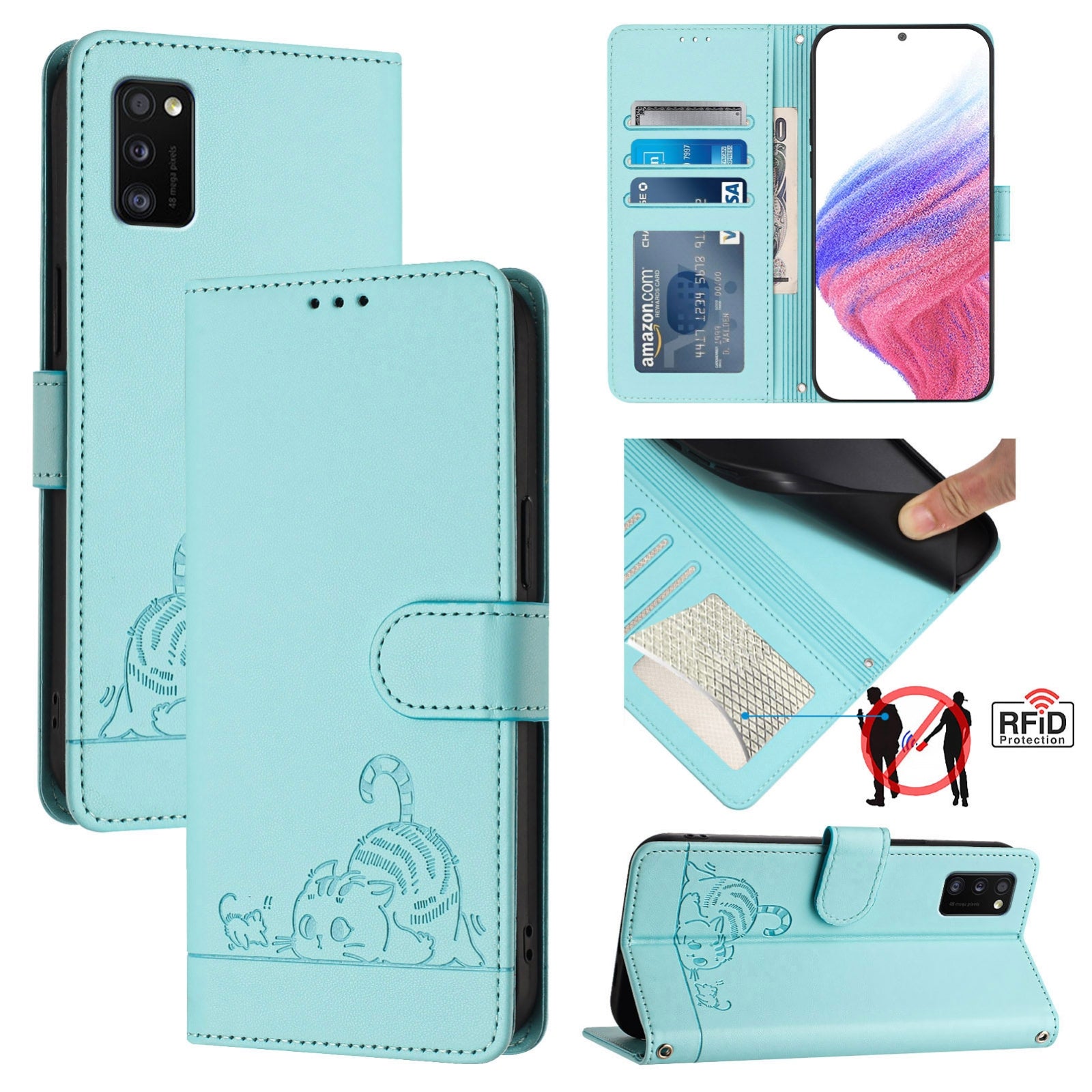Samsung Galaxy A41 EU Version Cat and Mouse Embossed PU Leather RFID Case with Wallet Slots, Anti-Fall Protection, Kickstand, and Lanyard-buycases.co.uk