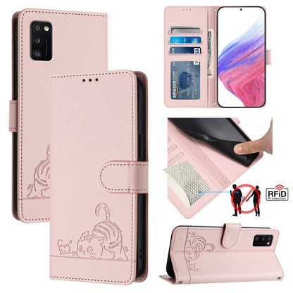 Samsung Galaxy A41 EU Version Cat and Mouse Embossed PU Leather RFID Case with Wallet Slots, Anti-Fall Protection, Kickstand, and Lanyard-buycases.co.uk