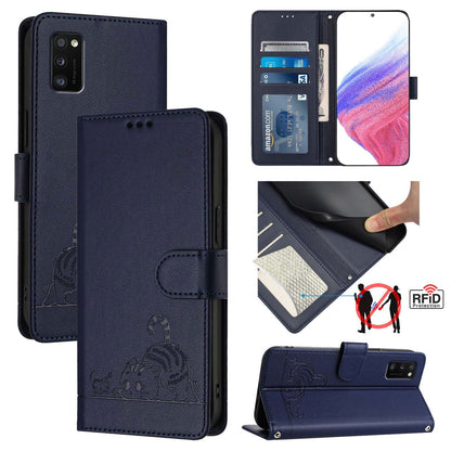 Samsung Galaxy A41 EU Version Cat and Mouse Embossed PU Leather RFID Case with Wallet Slots, Anti-Fall Protection, Kickstand, and Lanyard-buycases.co.uk